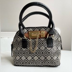 BLACK CREAM THATCHED WEAVE MINI HANDBAG STRAPS GOLD PLATED DEAD BOLT